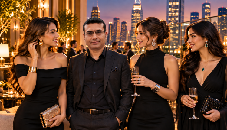 Woman wearing an elegant black dress styled with gold, silver and statement jewelry