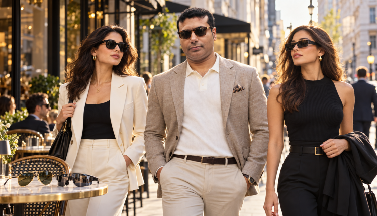 Stylish men and women wearing premium sunglasses from classic and modern eyewear brands