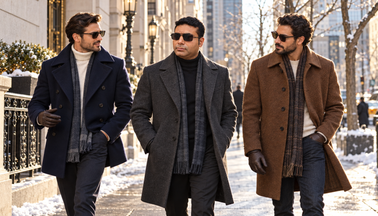 Stylish men wearing navy, charcoal and camel wool coats during winter 2026