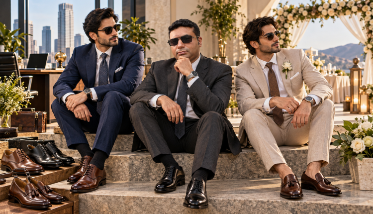 Stylish men wearing black and brown leather dress shoes with business suits and wedding attire
