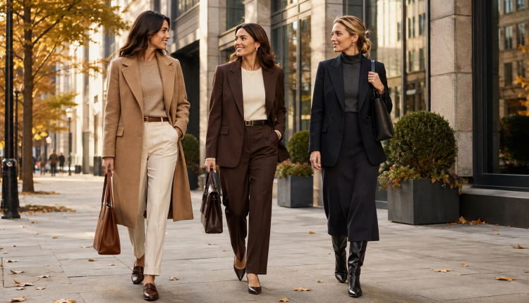 Elegant fall work outfits for women featuring tailored coats, trousers, knitwear, and leather accessories