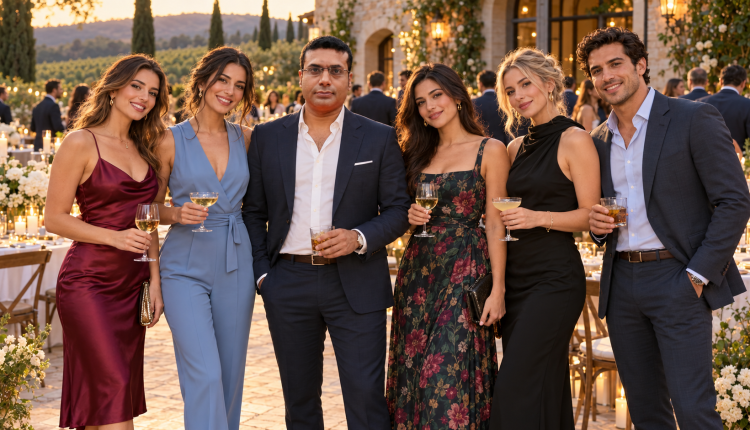 Stylish wedding guests dressed elegantly for an upscale rehearsal dinner in the United States