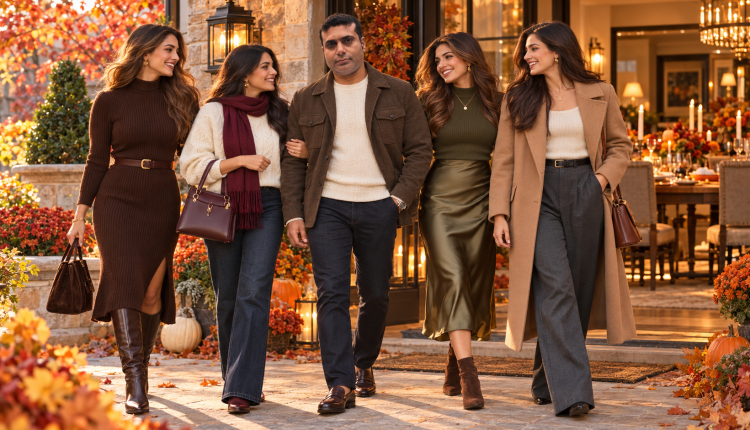 Women wearing stylish Thanksgiving outfits with knit dresses, tailored coats and fall layers