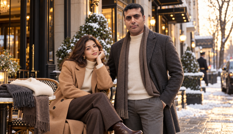 Woman comparing a wool coat and cashmere sweater for winter clothing