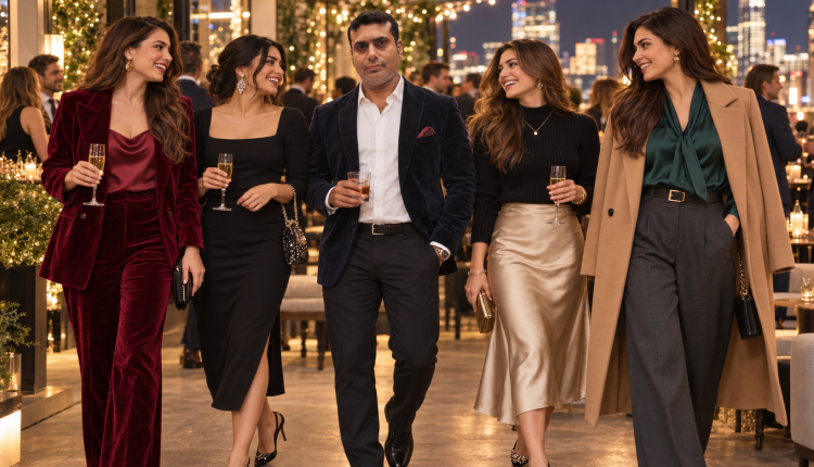 Stylish women wearing polished office holiday party outfits with velvet, satin and tailored separates