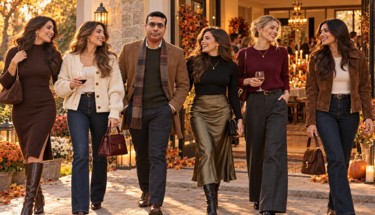 Stylish women wearing chic Friendsgiving outfits at an elegant fall dinner party news fashion blog